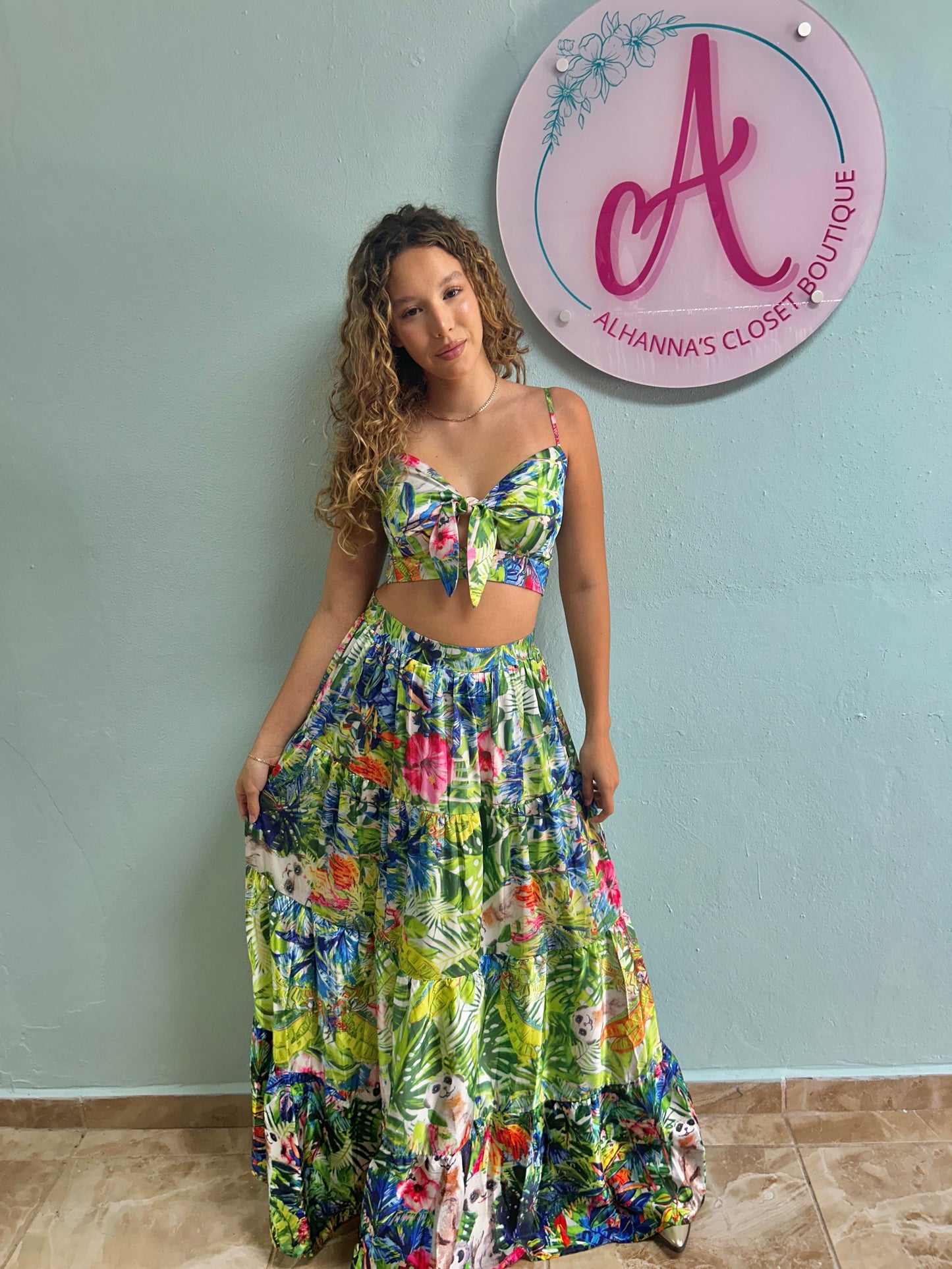 Green print maxi set