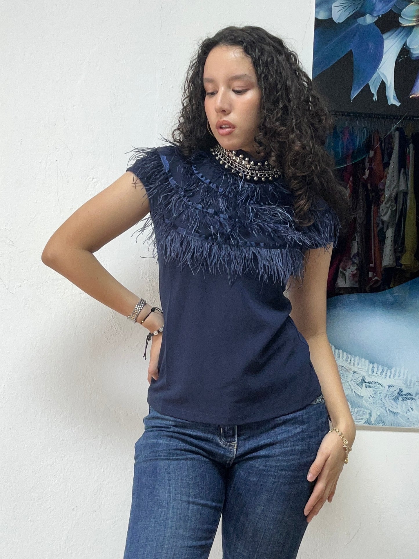 GRACIA Blue Feather Shirt