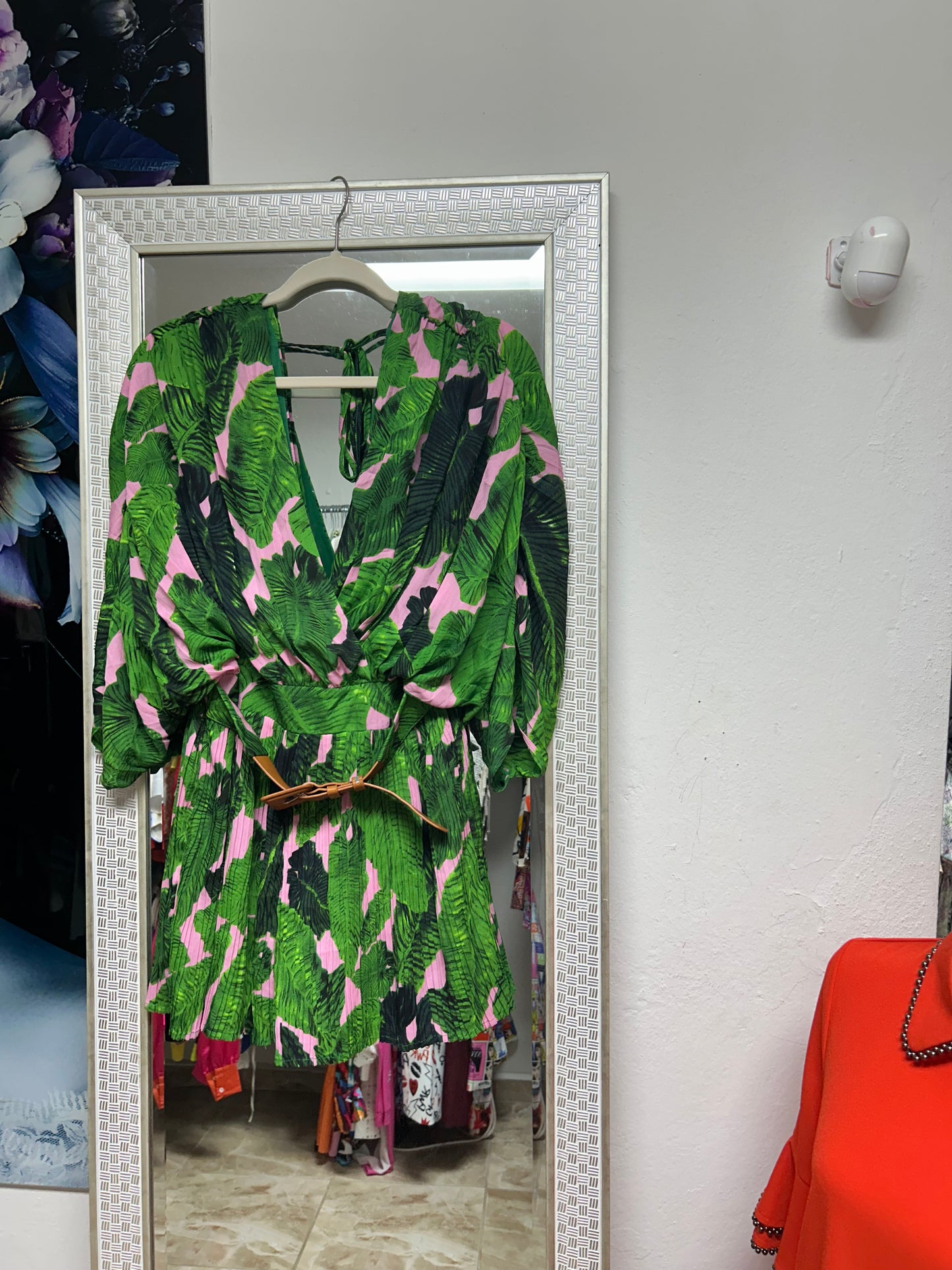 Green and pink print romper