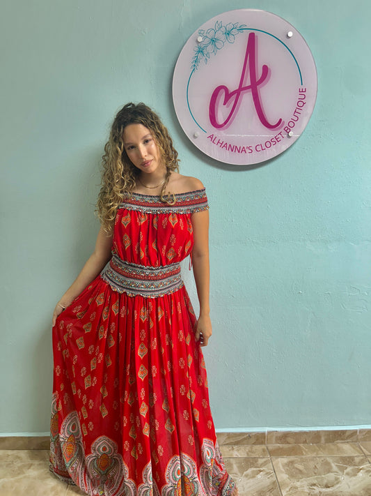 Red print maxi dress
