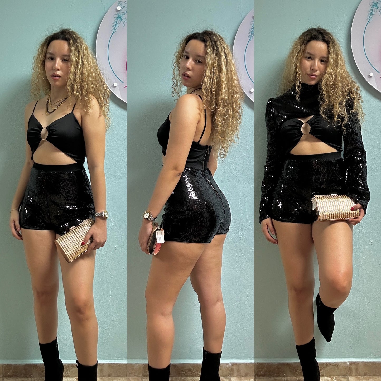 Short black sequin romper