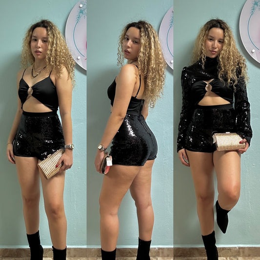Short black sequin romper