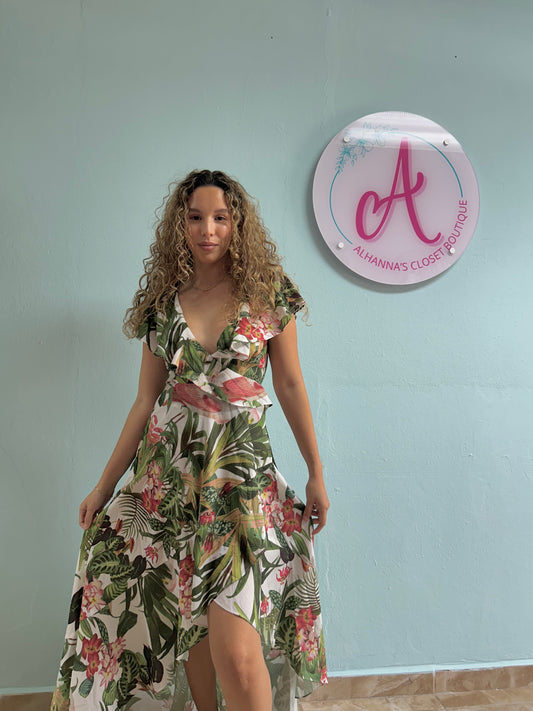 V cut tropical dress