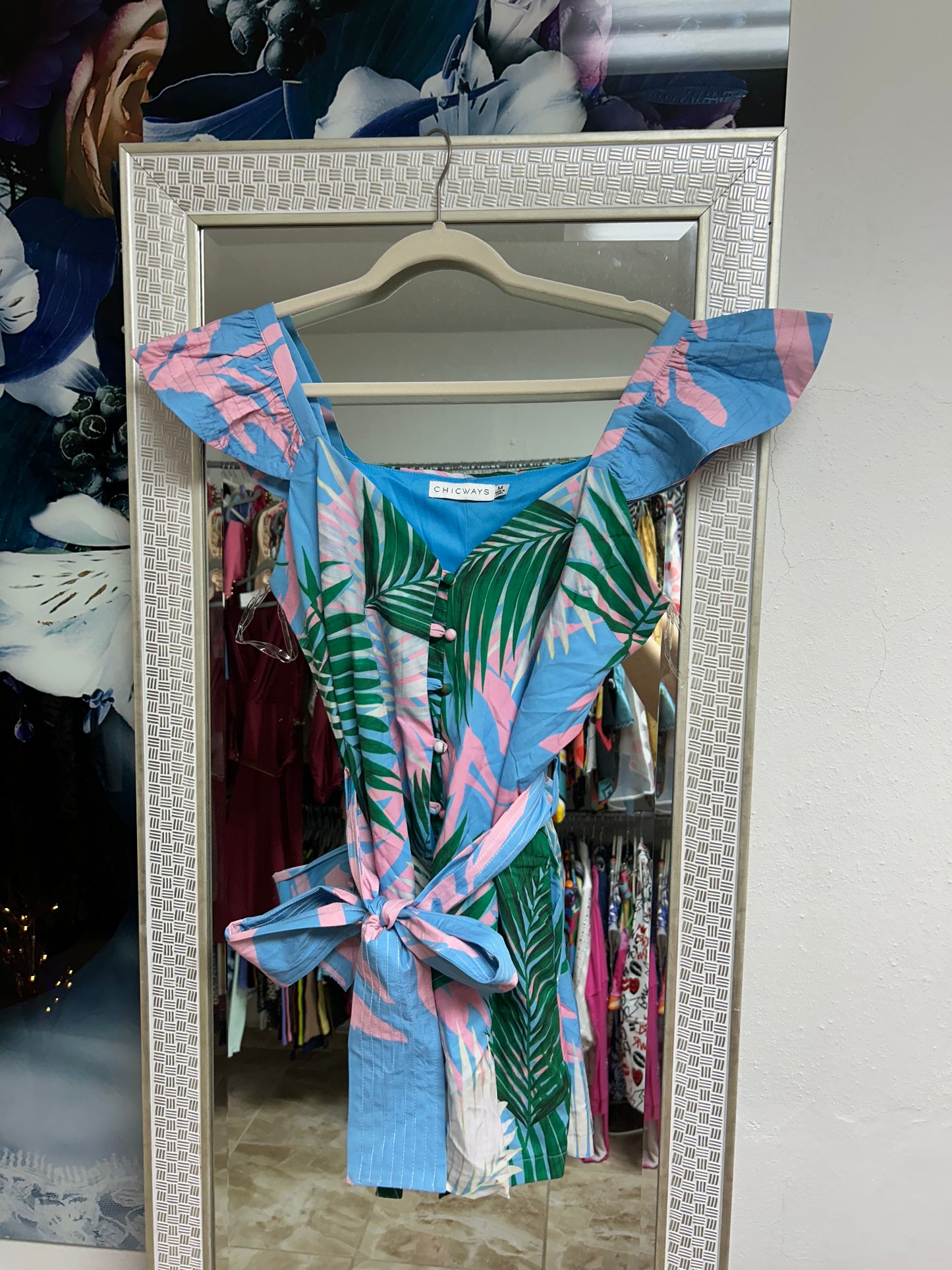 Blue and pink palm print romper