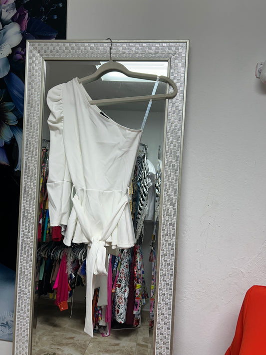 One shoulder white top