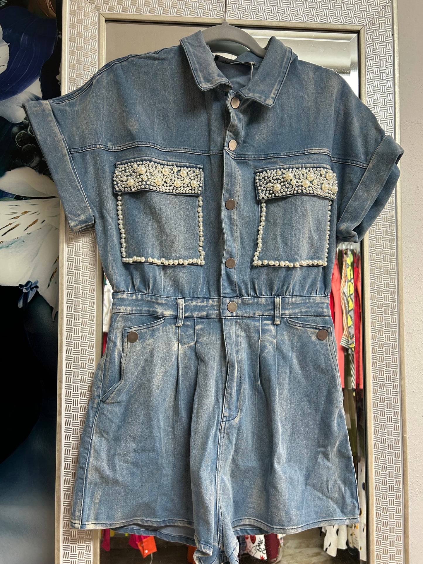 Pearl denim romper