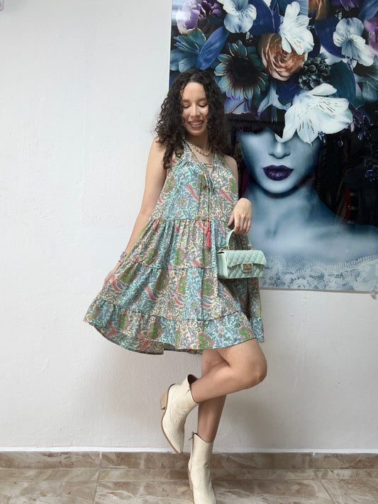 Teal/pink details dress